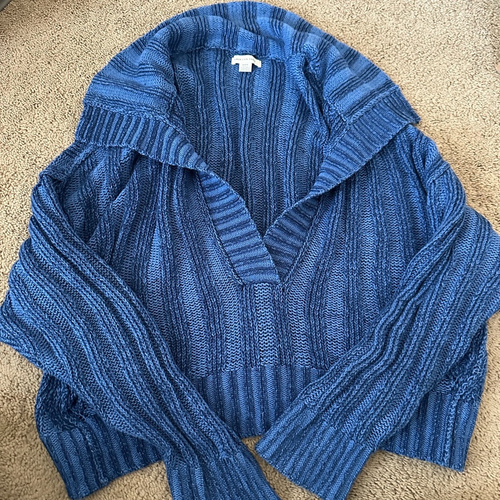 American Eagle Outfitters Blue Ribbed V‑Neck Shawl Collar Sweater
